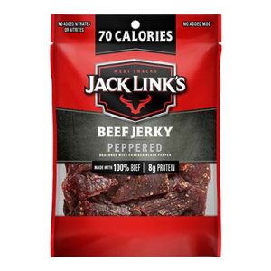 Jack Link's Peppered Beef Jerky package, made with 100% beef and seasoned with cracked black pepper.