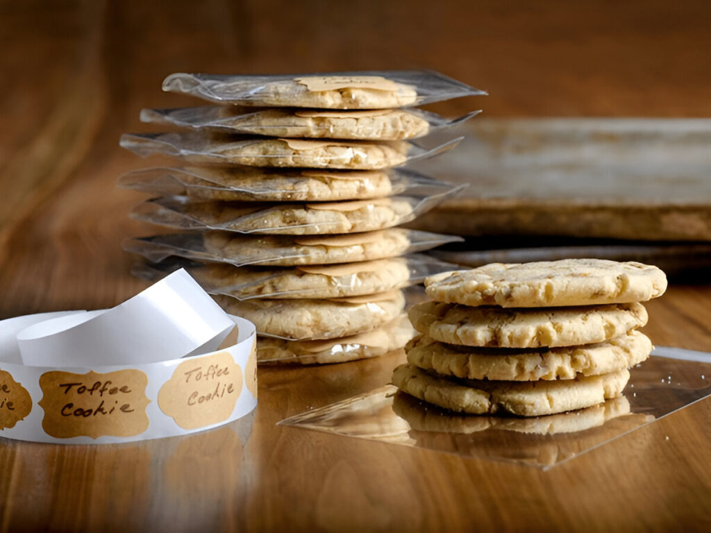 Stacks of individually wrapped toffee cookies displayed on a wooden surface, with a roll of labels reading 'Toffee Cookie' nearby.