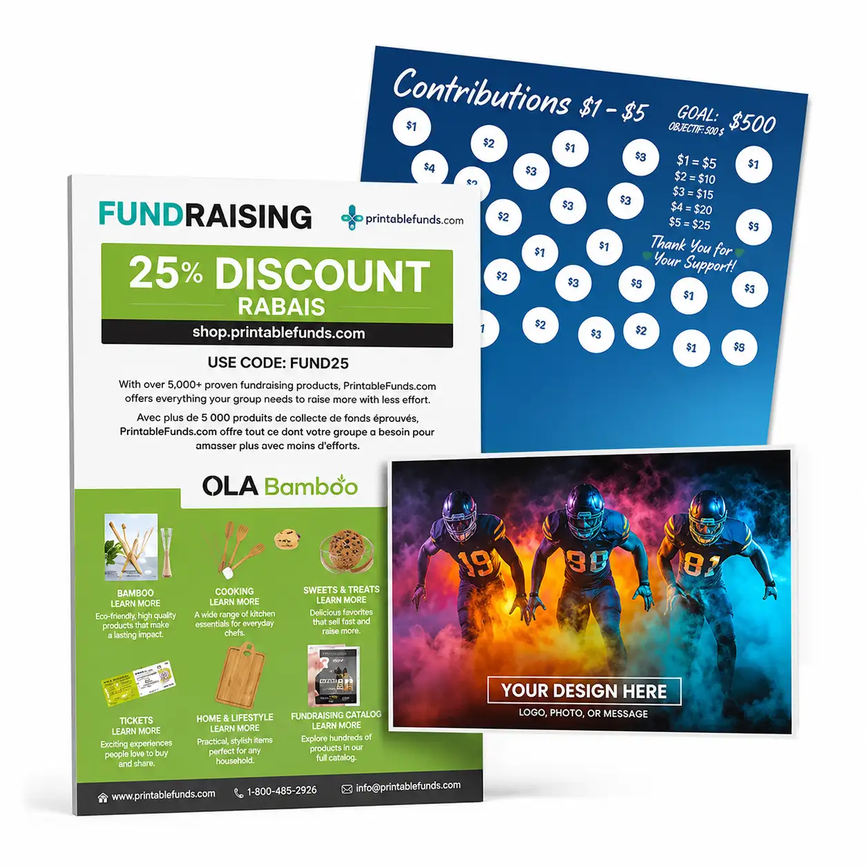 Professional fundraising marketing materials displayed on a clean white background, including a promotional fundraising flyer, contribution tracker poster, and customizable sports fundraising card. High-resolution print collateral showcasing modern fundraising resources for schools, sports teams, clubs, and community organizations.