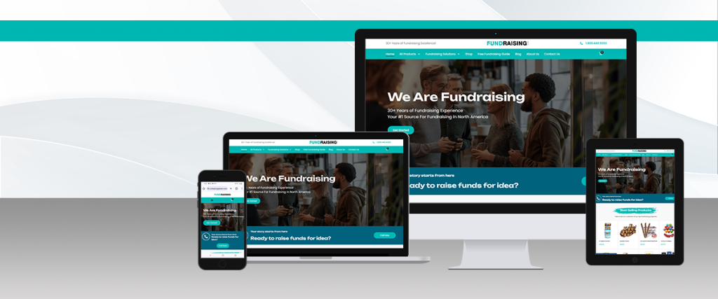 Responsive fundraising website displayed on various devices, including a smartphone, tablet, and desktop, showcasing a unified design and accessibility.