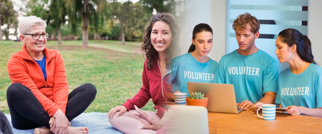 Collage featuring an older woman meditating outdoors, a smiling young woman, and a group of volunteers working together on a laptop, representing support for mental health and community engagement.