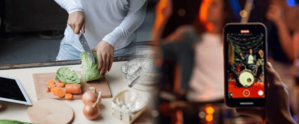 Collage featuring a person chopping vegetables for cooking and a hand recording a live music performance on a smartphone.