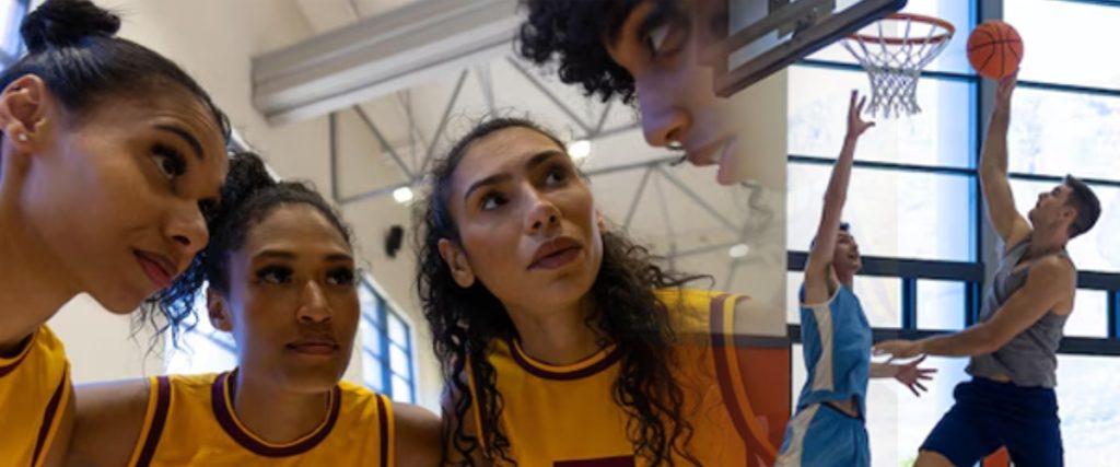 High school basketball players during a game, focused and strategizing, with a player shooting a basketball in the background.