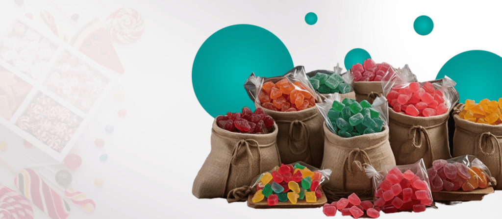 Assorted colorful gummy candies in burlap sacks and clear bags, displayed against a playful background with circular patterns.