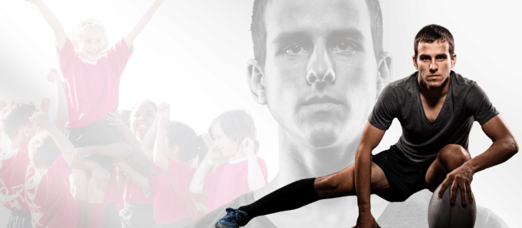 A determined male athlete crouching with a rugby ball, set against a background of children celebrating a sports victory.