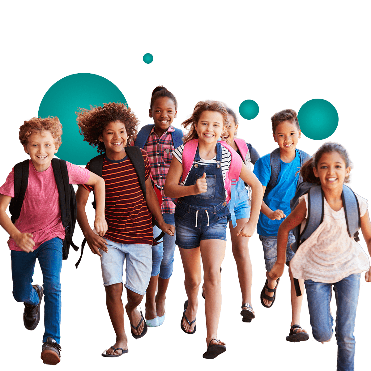 A group of happy children with backpacks running forward, smiling and full of energy.