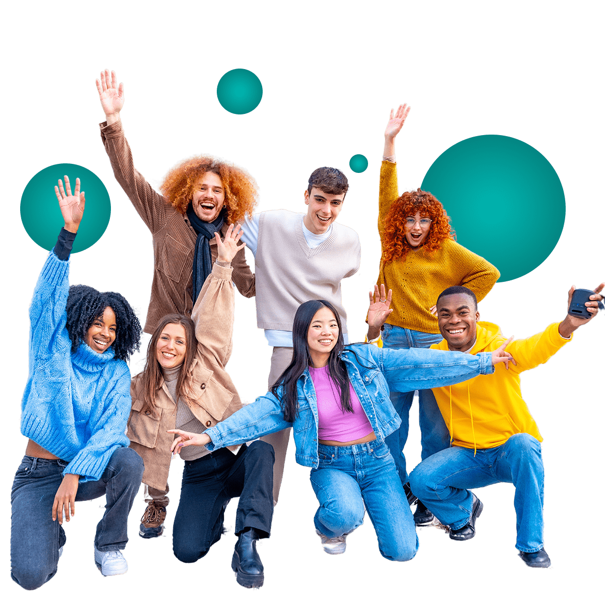 A diverse group of cheerful young adults posing together with raised hands, expressing energy and excitement, against a minimalist background with teal circles.