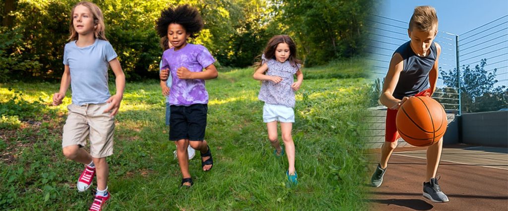Collage of children running in a grassy park and a young boy playing basketball outdoors, representing active fundraising events.