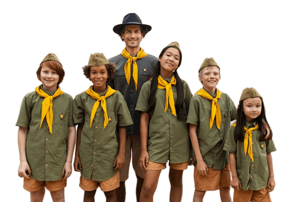 A group of scouts, including children and an adult leader, dressed in green uniforms with yellow neckerchiefs.