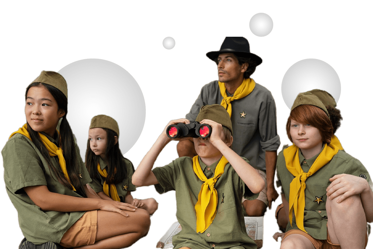 Group of scouts in green uniforms and yellow neckerchiefs, with one scout holding binoculars, accompanied by an adult leader in a hat.