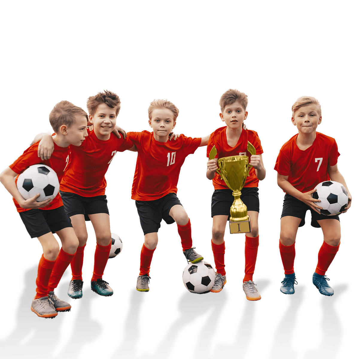 A group of five young soccer players in red uniforms celebrating with a gold trophy and soccer balls.