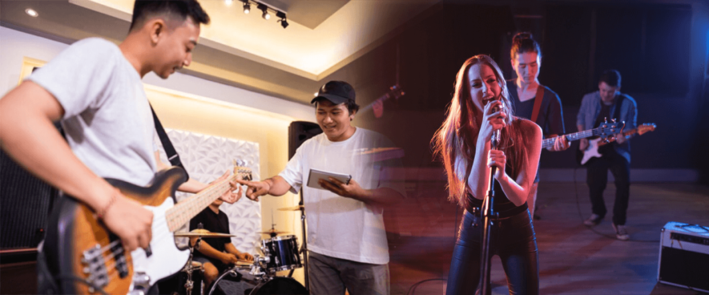 Band rehearsing in a music studio, featuring a female vocalist and musicians on guitar and drums.