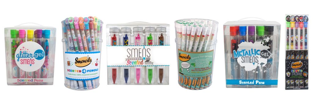Variety of scented pens and pencils, including Glitter Gel Smens, Smencils, and Metallic Gel Smens, displayed in colorful packaging.