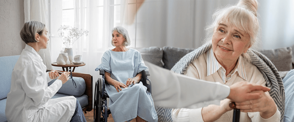 Healthcare professional consulting with a senior woman in a wheelchair, with another senior being comforted in a cozy living room setting.