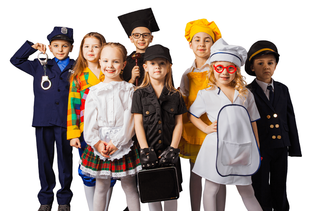 A group of children dressed up in various career-themed costumes, including a police officer, chef, judge, nurse, and pilot.