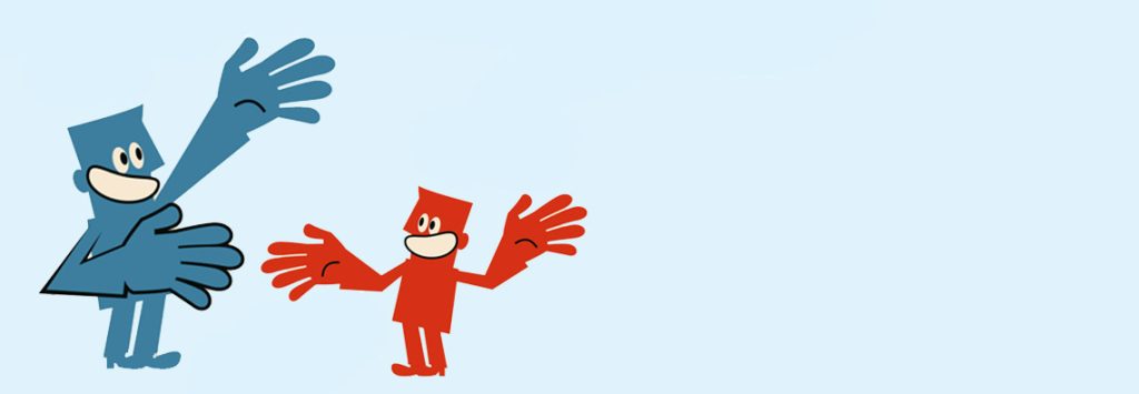 Cartoon illustration of a blue and red figure with extended arms, symbolizing connection and support.