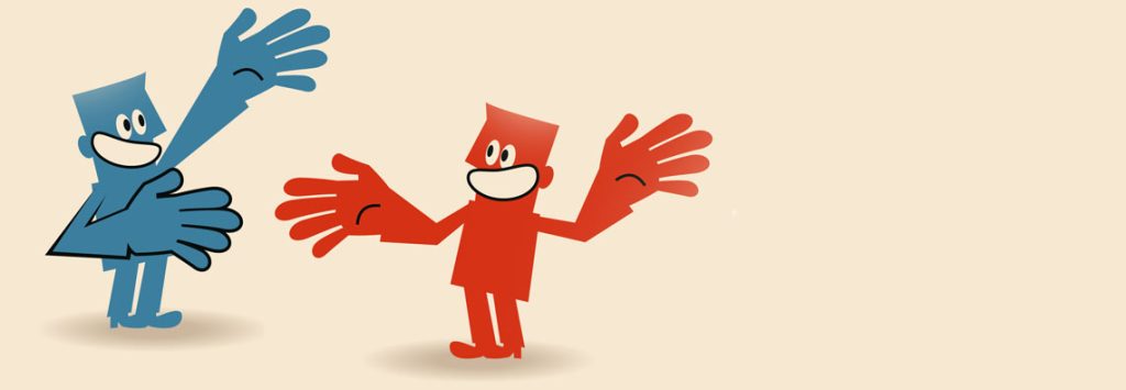 Illustration of two cartoon characters, one blue and one red, waving and smiling at each other on a beige background.
