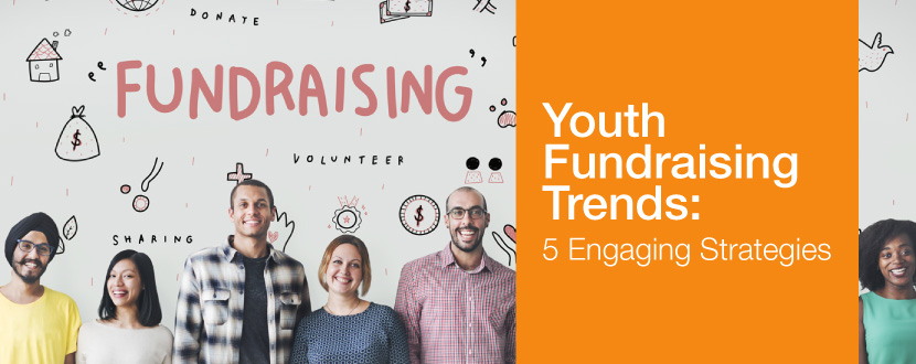 Smiling group of diverse individuals standing in front of a background with doodles related to fundraising, accompanied by an orange box with the text 'Youth Fundraising Trends: 5 Engaging Strategies.