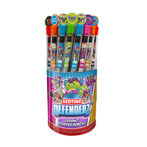 Container of Bedtime Defenderz Gourmet Scented Pencils featuring vibrant designs of superhero-themed characters.