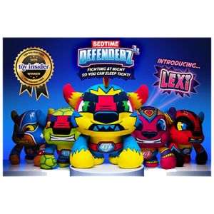 Bedtime Defenderz plush toys in vibrant superhero designs, featuring the tagline 'Fighting at Night So You Can Sleep Tight!' and introducing the newest character, Lexi.