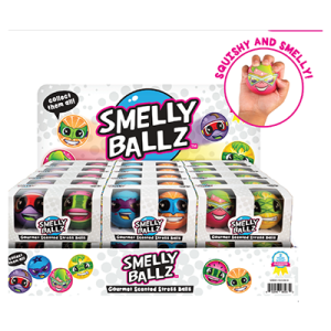 Display box of Smelly Ballz, featuring colorful, gourmet-scented stress balls with expressive faces, and a caption highlighting 'Squishy and Smelly!