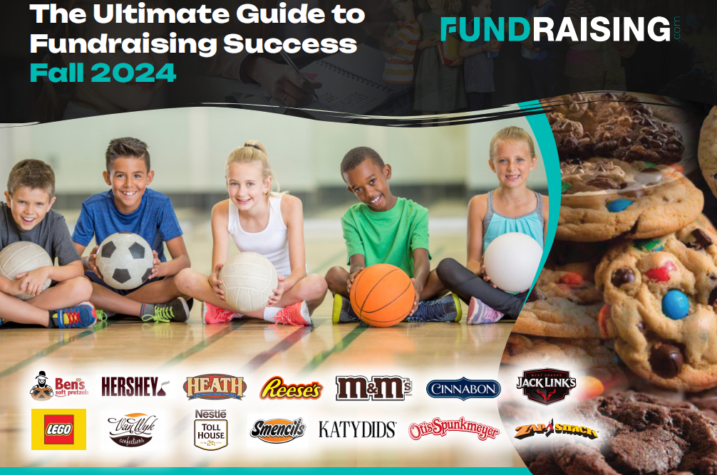 The Ultimate Guide to Fundraising Success Fall 2024: A banner featuring children holding sports balls in a gym setting, surrounded by fundraising product logos including Hershey’s, LEGO, Katydids, and Otis Spunkmeyer.