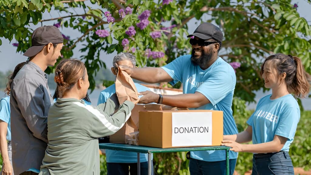 Volunteers distribute donation bags to a recipient in an outdoor setting surrounded by greenery and flowers -- v2