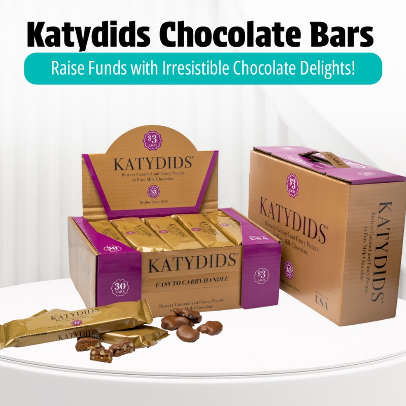 Katydids Chocolate Bars display with boxes and individually wrapped caramel and pecan chocolate treats.