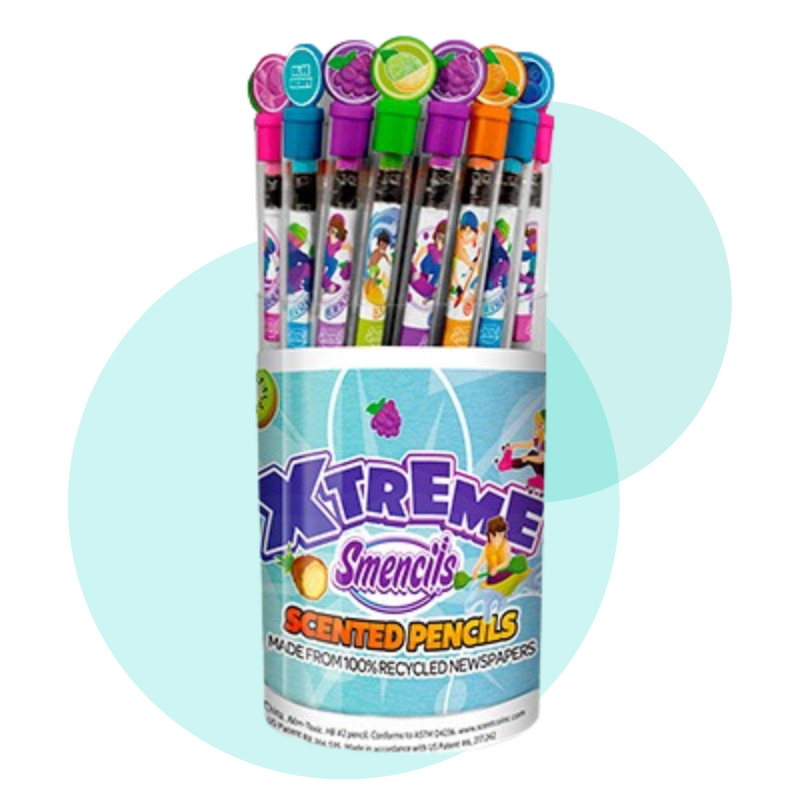 Display container of Xtreme Smencils, scented pencils made from recycled newspapers, in various vibrant colors and scents.