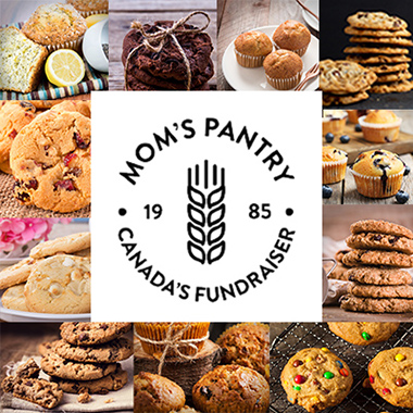 Mom's Pantry logo surrounded by an assortment of baked goods, including cookies, muffins, and brownies.