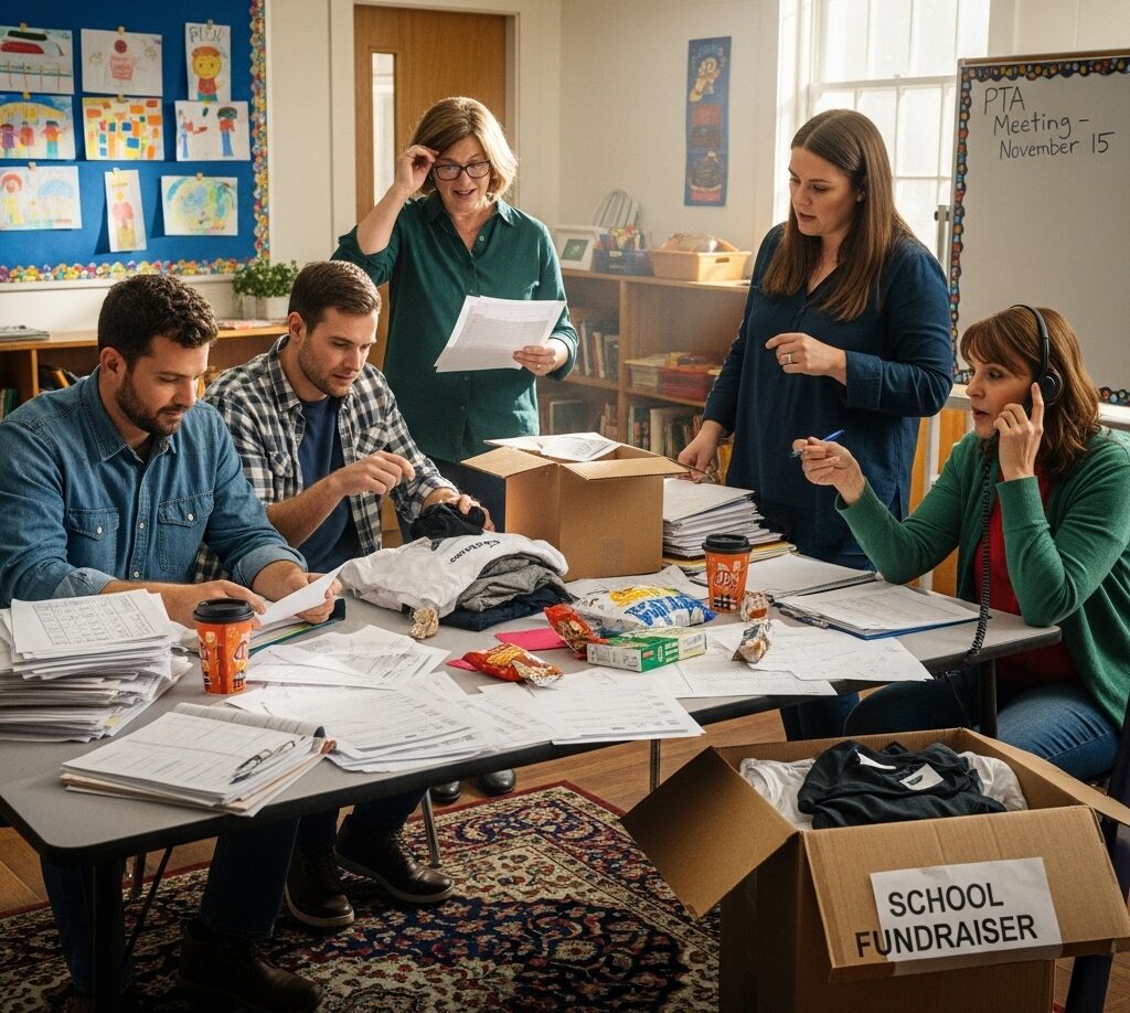PTA volunteers sorting fundraising paperwork and product boxes while planning a school fundraiser.