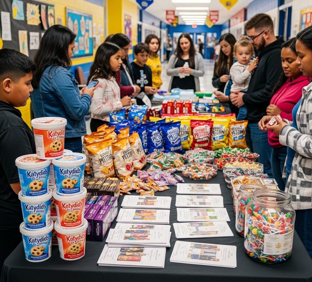 Display table showing popular school fundraising products like cookie dough, popcorn, Katydids, and pretzel rods.