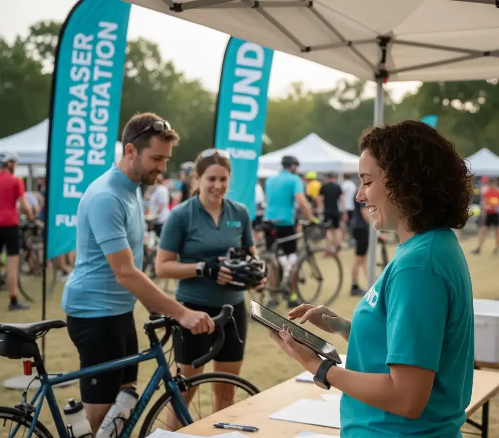 Cyclists signing up at a nonprofit fundraising registration booth outdoors.