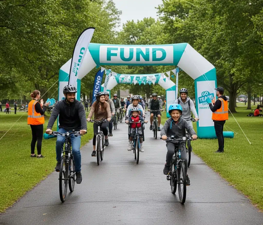 Families and community members participating in a friendly nonprofit fun ride.