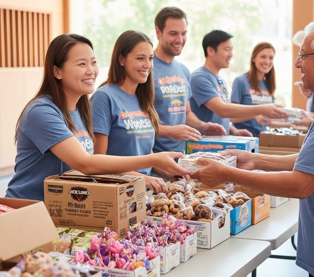 Employees in volunteer T-shirts helping at a community donation and product distribution event.