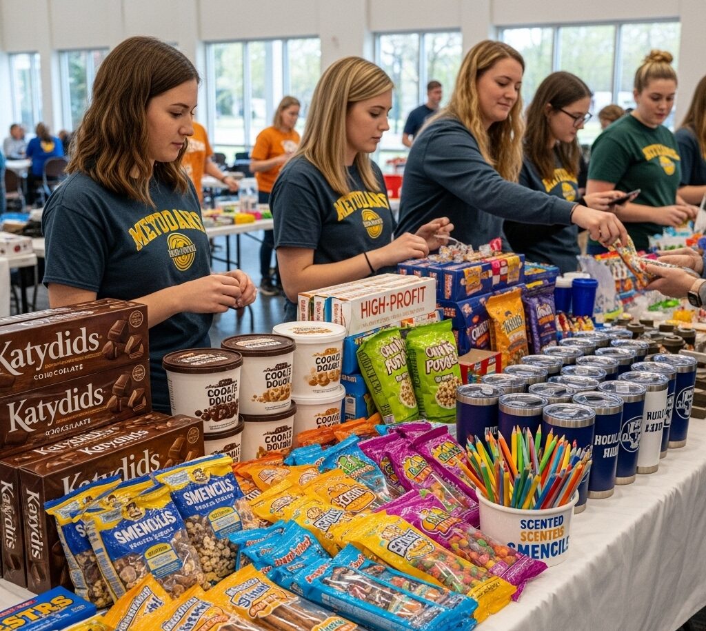 Volunteers organizing fundraising products like popcorn, cookie dough, and tumblers for a capital campaign event