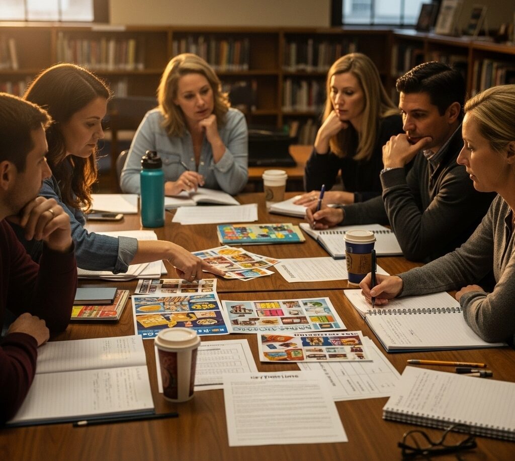 Parents and teachers discussing catalog fundraiser plans during a PTO meeting.
