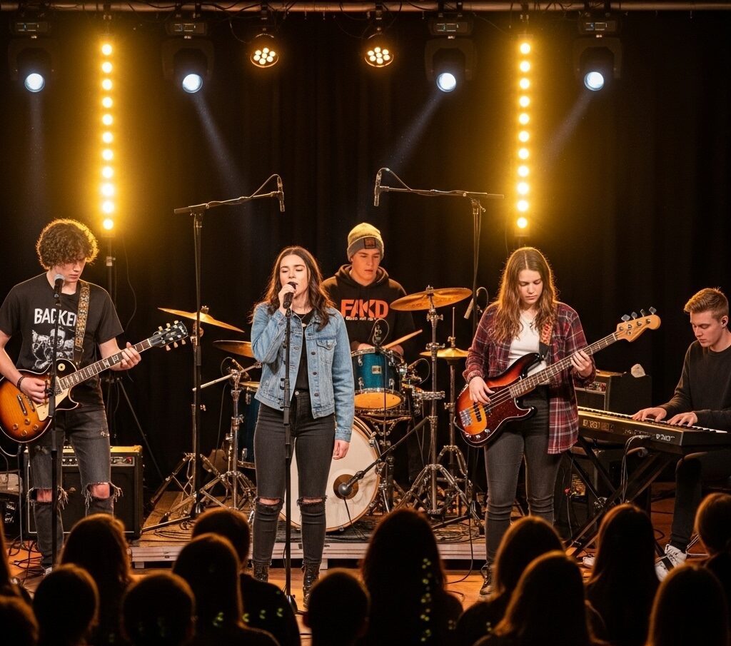 Student performers on stage during a music or theater fundraiser with warm stage lighting