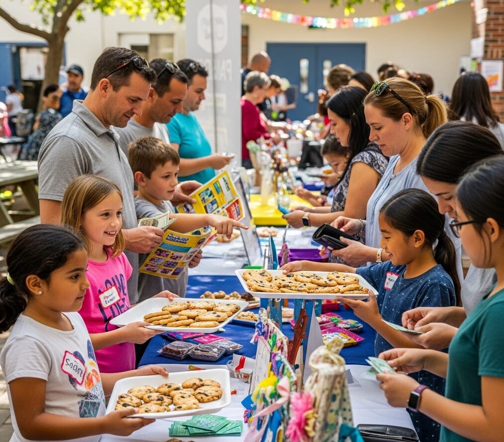 Students and families participating in a school fundraiser together at a community event.