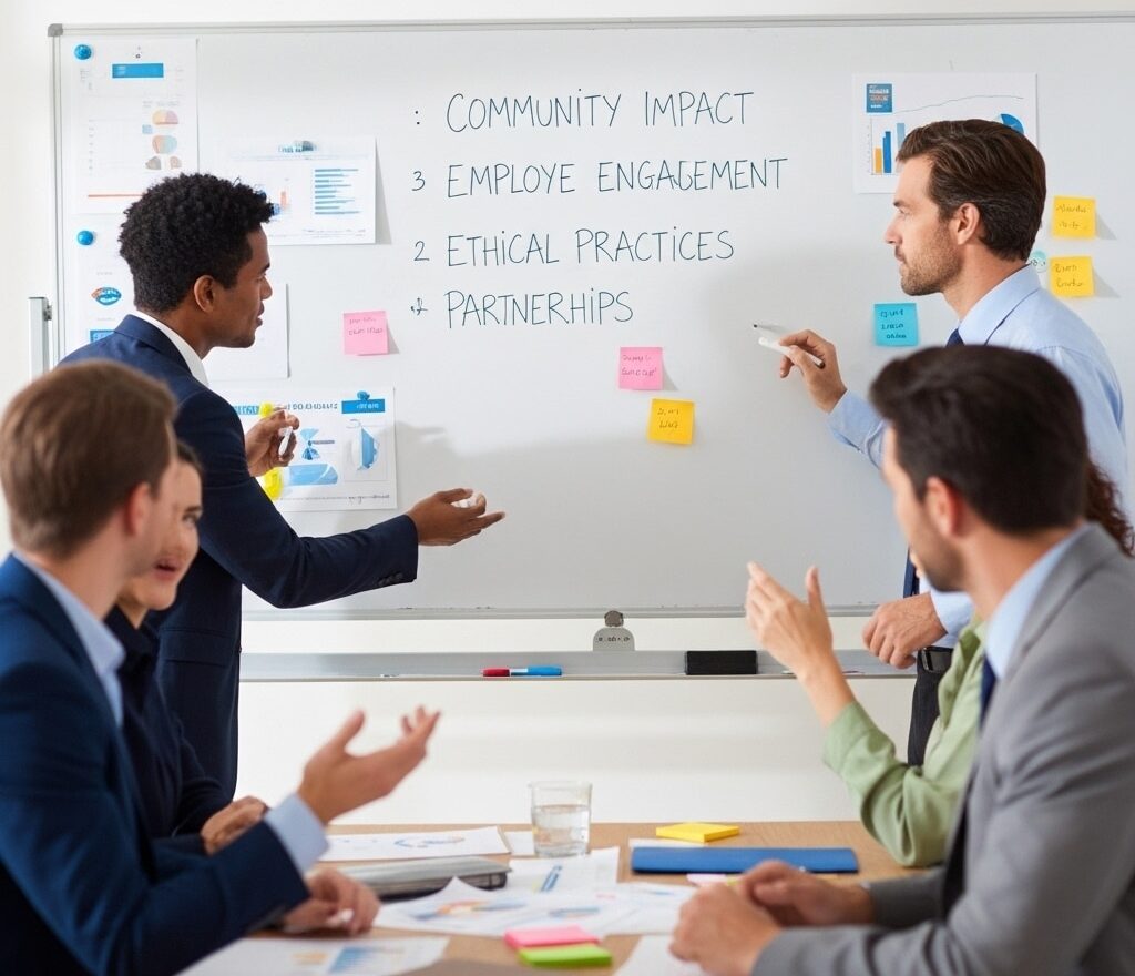 Corporate team reviewing a CSR framework on a whiteboard with categories like community impact, employee engagement, ethical practices, and partnerships