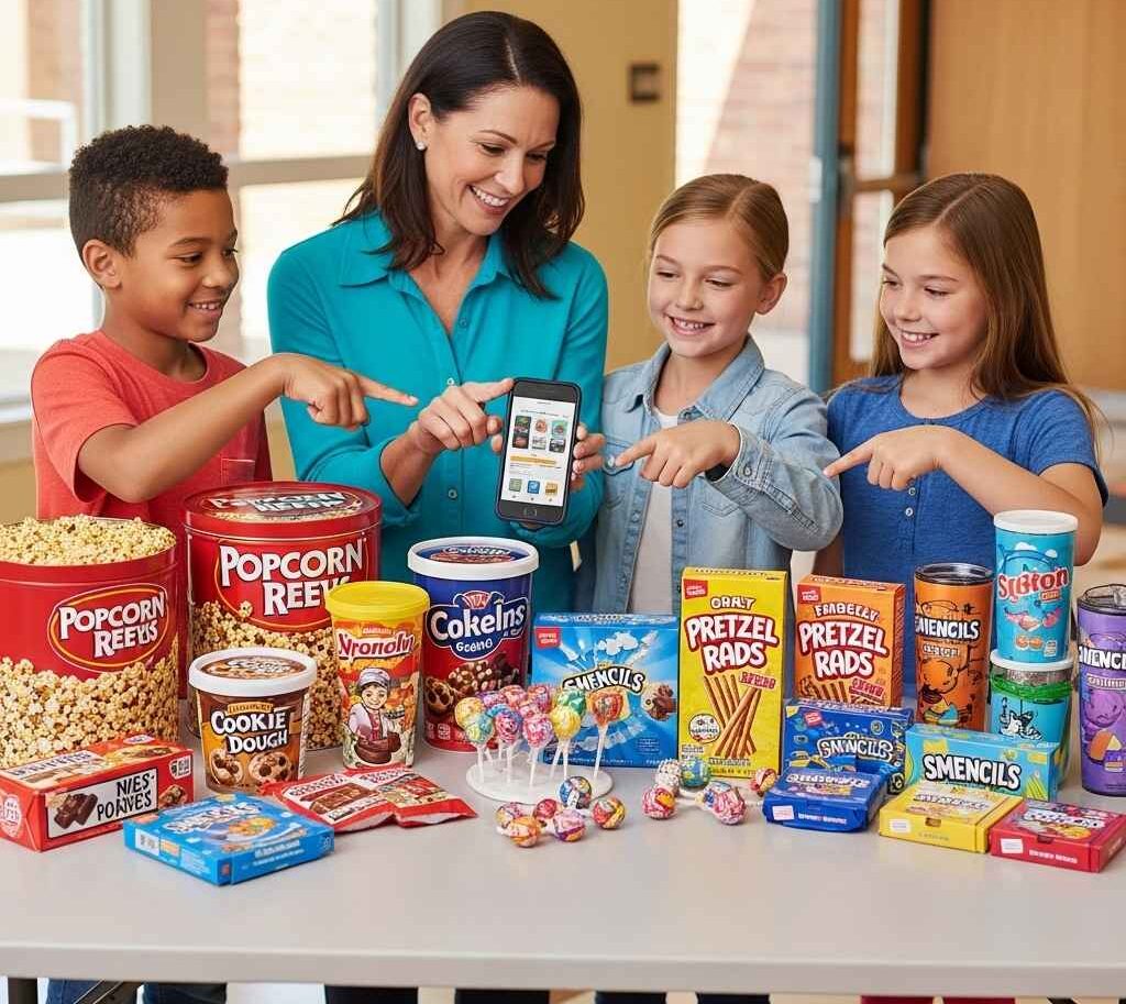 High-repeat school fundraising product programs like popcorn, cookie dough, and chocolate promoted by PTA families