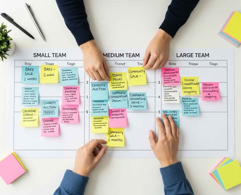 Youth fundraising ideas organized by volunteer team size and available timeline.