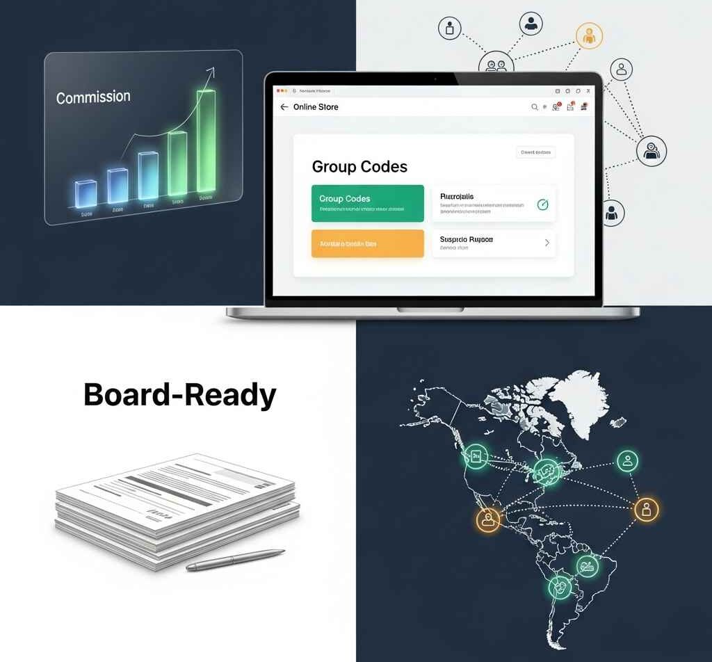 Value props: online store with group codes, clear commissions, board-ready docs, nationwide reach.
