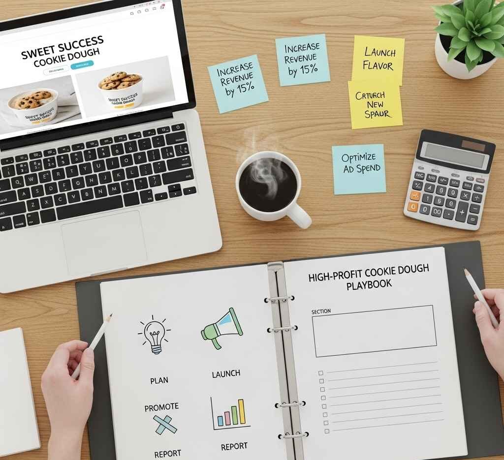 Open cookie dough fundraising playbook with laptop store page and calculator.