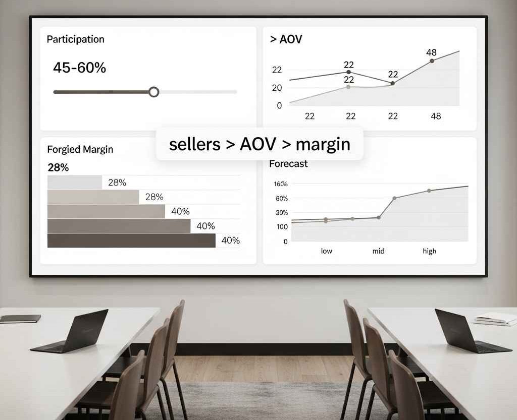 Dashboard with participation, AOV, margin tiers, and low/mid/high profit forecast.