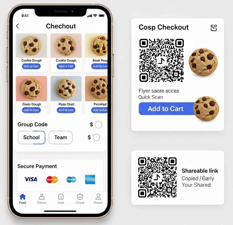 Mobile cookie dough checkout with group code selection and secure card payment.