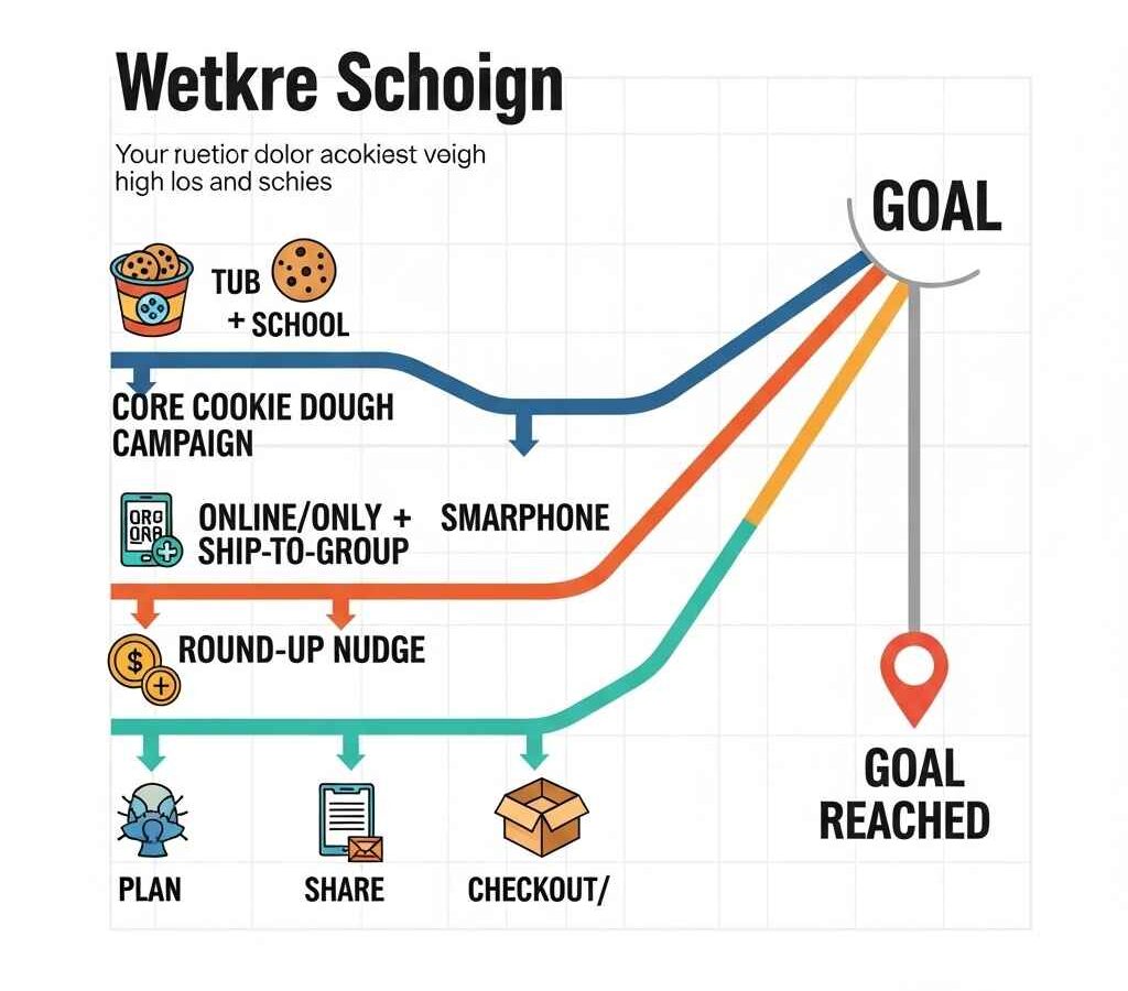 Subway‑map graphic with three fundraiser paths—Core, Online‑Only + Ship‑to‑Group, and Round‑Up—converging at a ‘Goal Reached’ marker.