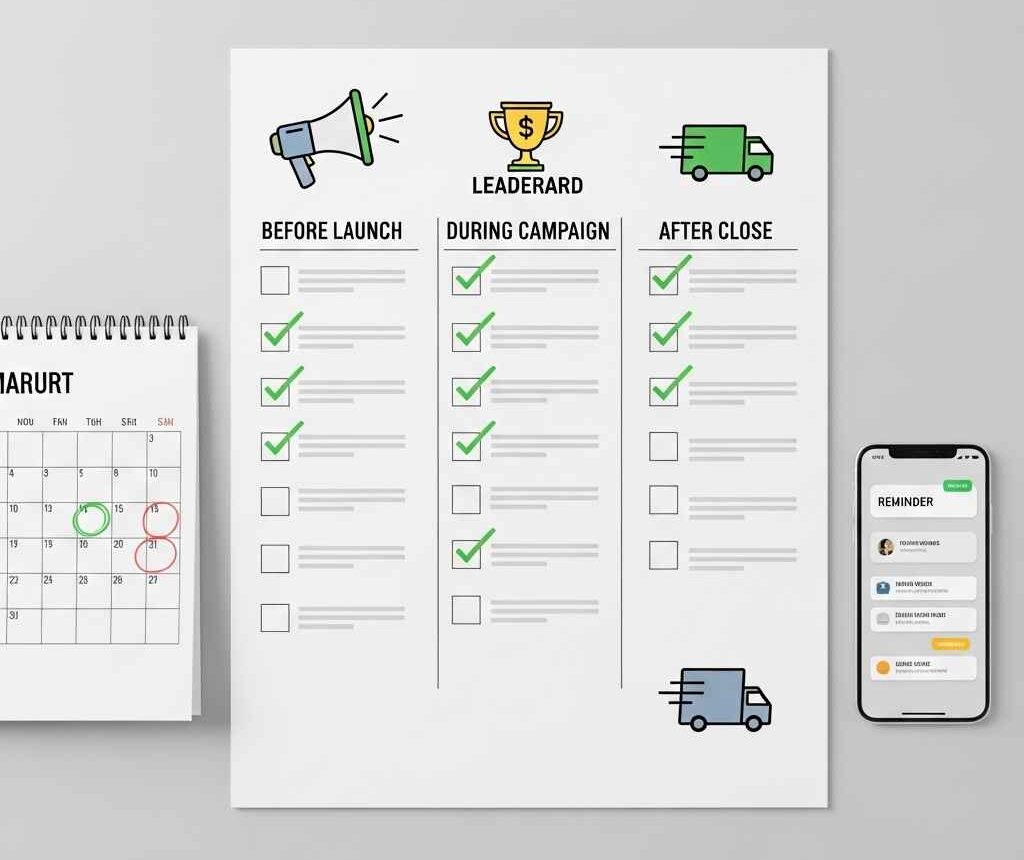 Three-column fundraising checklist: before launch, during campaign, after close.