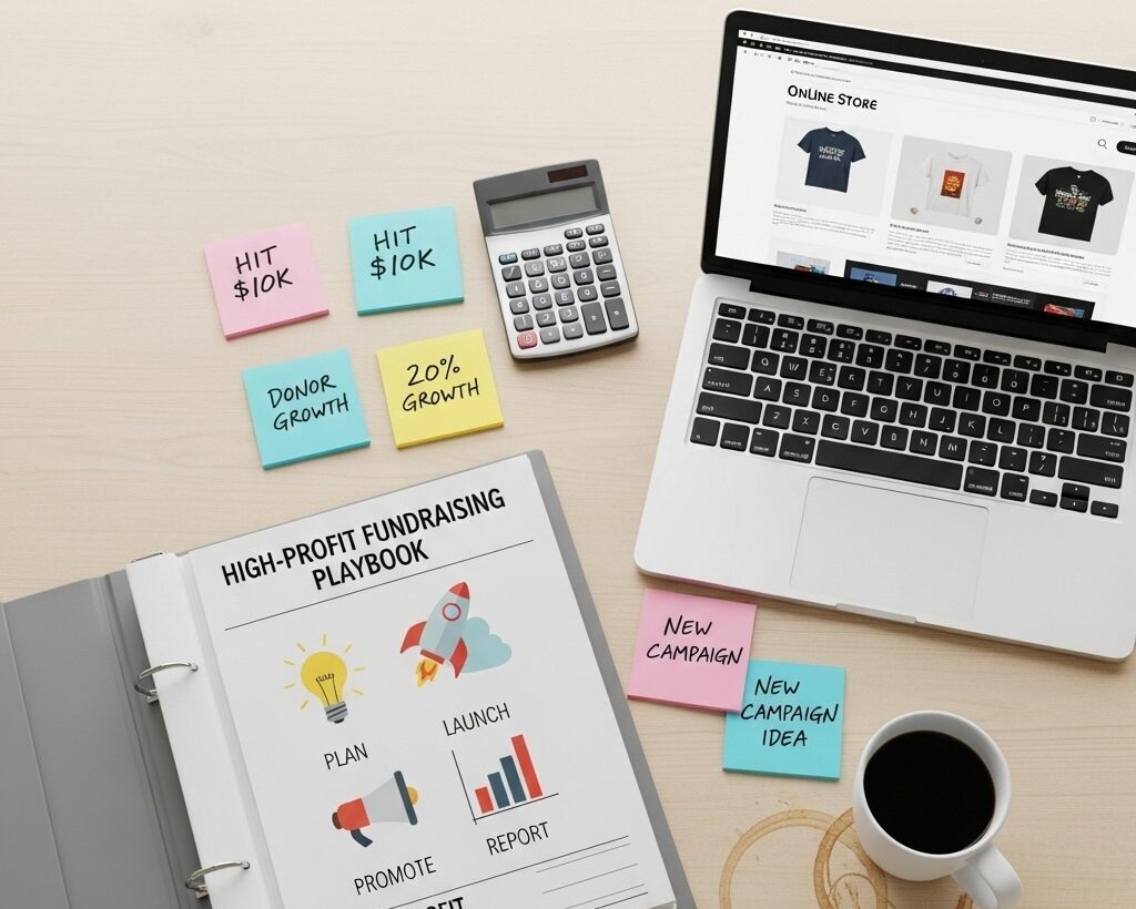 Open fundraising playbook with laptop store page, steps, and calculator.