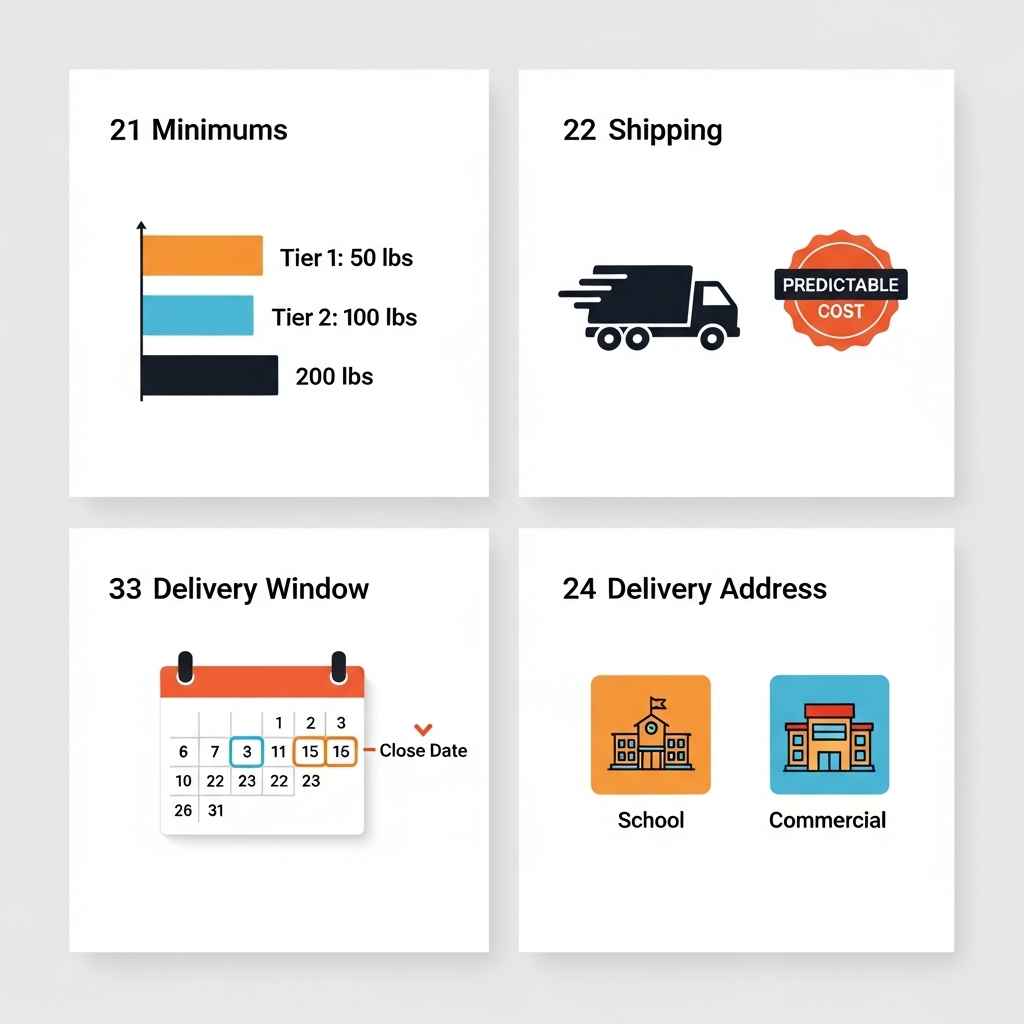 Four logistics tiles: minimums, shipping, delivery window, and delivery address options.